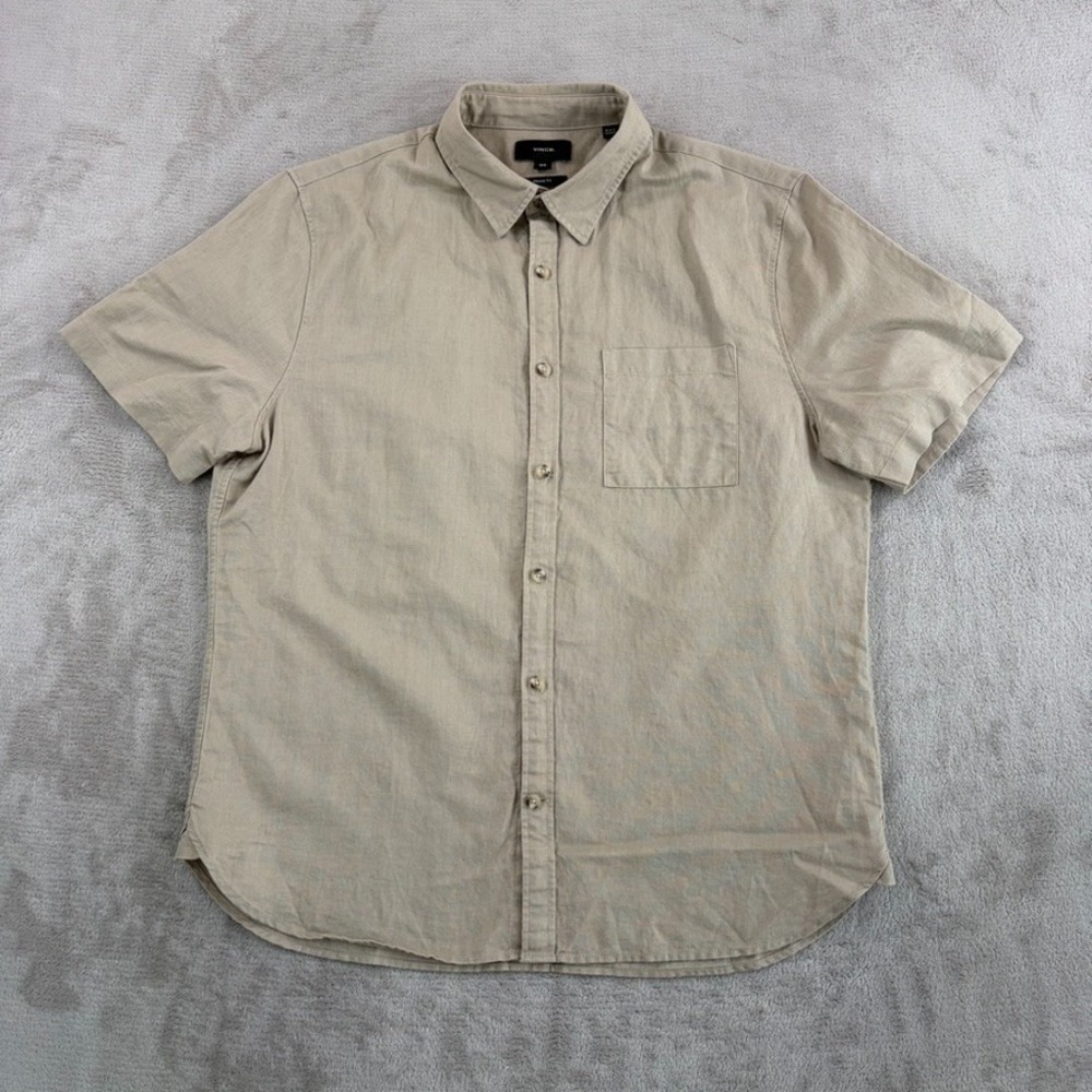 Vince Classic Fit Pocket Shirt in Beige Linen Blend Men Medium Short Sleeve